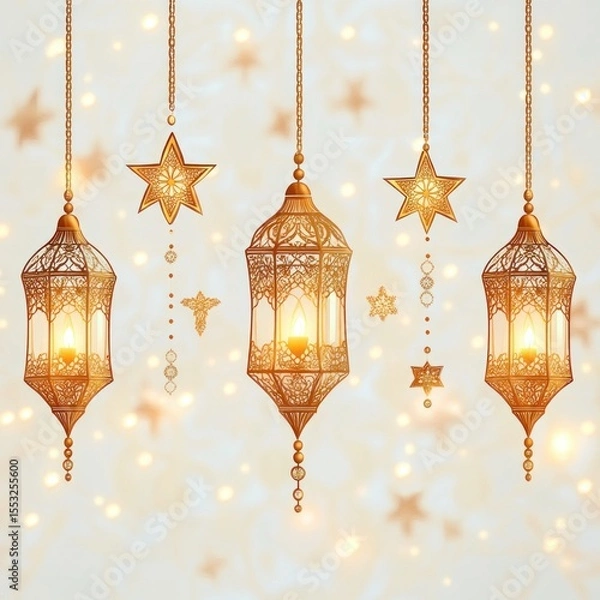 Fototapeta Decorative golden lanterns and star-shaped ornaments hanging elegantly with warm glowing lights in a soft bokeh background conveying a festive and cozy atmosphere