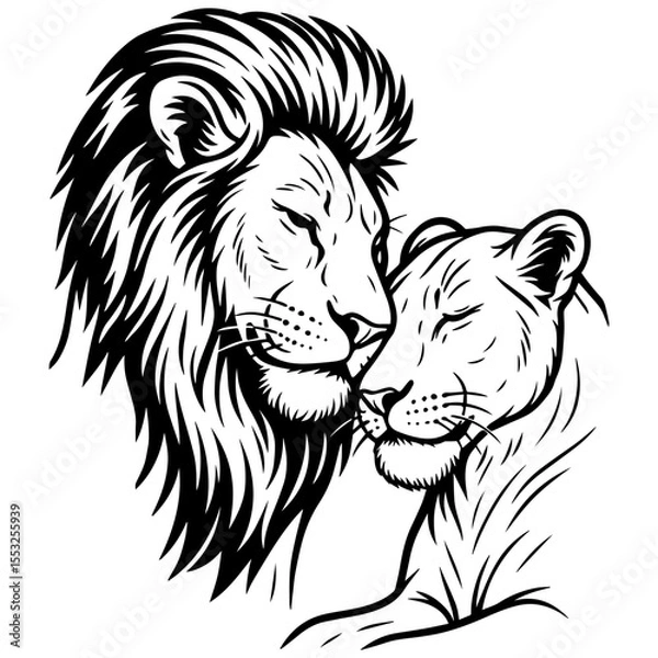 Obraz Lion and lioness nuzzling heads, affectionate big-cat couple in black and white line-art illustration