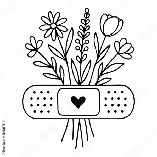 Obraz Floral bouquet growing from cute band-aid with heart, black and white minimal vector line art symbolizing healing and tenderness

