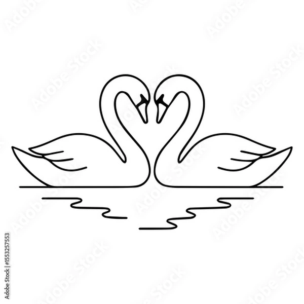 Obraz Minimalist line art of two swans forming a heart with their necks, elegant black and white drawing on water