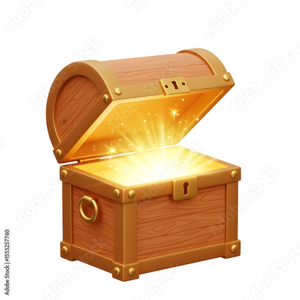 Obraz 3D Render of Radiant Wooden Treasure Chest Opened with Sparkling Golden Light Inside, Isolated on White or Transparent Background