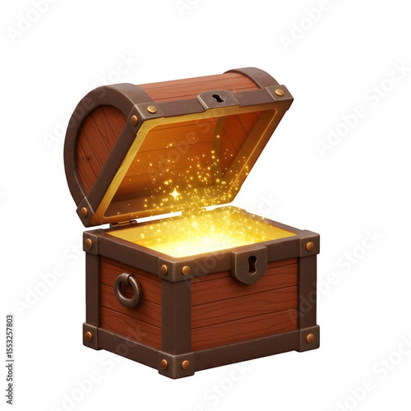 Obraz 3D Render of Radiant Wooden Treasure Chest Opened with Sparkling Golden Light Inside, Isolated on White or Transparent Background