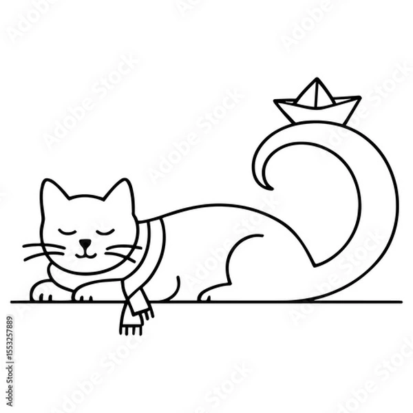Obraz Sleeping cat in scarf with paper boat on tail — charming minimalist black line illustration for cozy print or cut projects