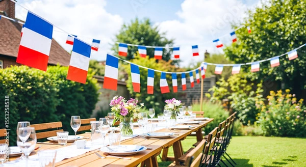 Fototapeta Long table set for a garden party under french flag bunting. Outdoor celebration for Bastille Day, a national holiday, or a large family gathering