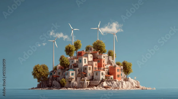 Fototapeta A picturesque island village embraces a sustainable future with wind turbines and a clear sky.