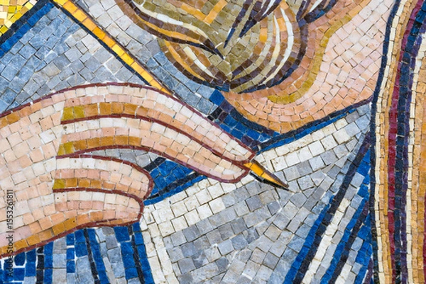 Fototapeta Close-up of Ancient Mosaic Art with Hand and Stylus