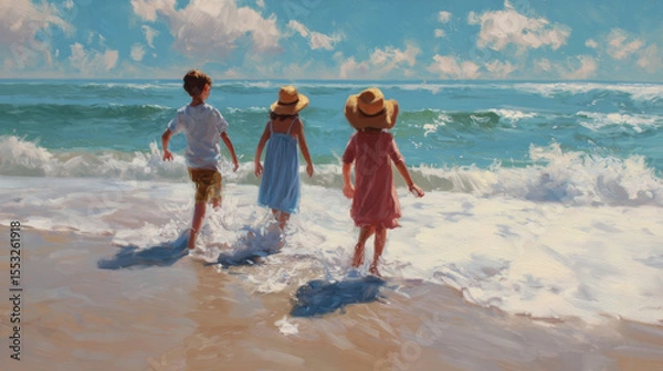 Fototapeta Three children run into the ocean on a sunny beach day.