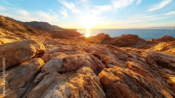 Obraz A breathtaking sunset scene showcasing vibrant colors reflected over the rocky shoreline and tranquil ocean waves, evoking a sense of peace and natural beauty at dusk.