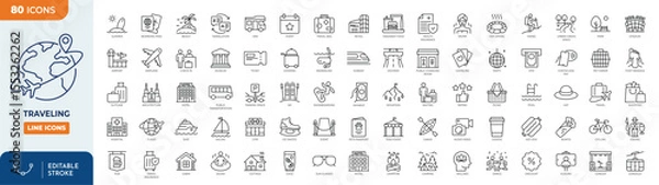 Fototapeta traveling line editable icon set. Contain icons related to vacation, holiday recreation, leisure, entertainment,  traveling, tourism, and more. Editable stroke. Vector illustration