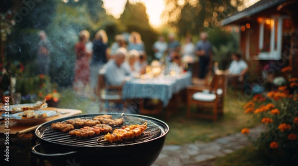 Fototapeta A barbecue party with friends and family in a backyard setting on a warm summer evening.