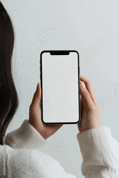Fototapeta Person holding smartphone with blank screen in hands against light background