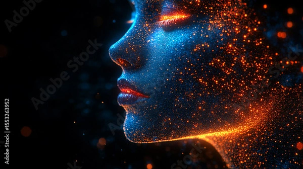 Fototapeta Woman's face formed by glowing particles on dark background