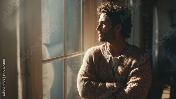 Fototapeta Man looking out the window in the morning light, lost in thought.