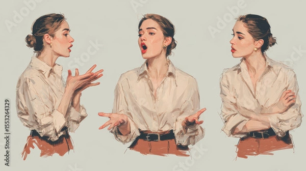 Fototapeta Artwork of a woman displaying a range of emotions, including surprise and anger.