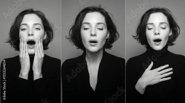 Fototapeta A stunning black and white triptych showcases a woman's various emotional expressions.