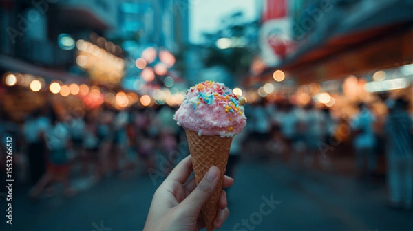 Fototapeta Close-up of a hand holding a colorful ice cream cone at a market.