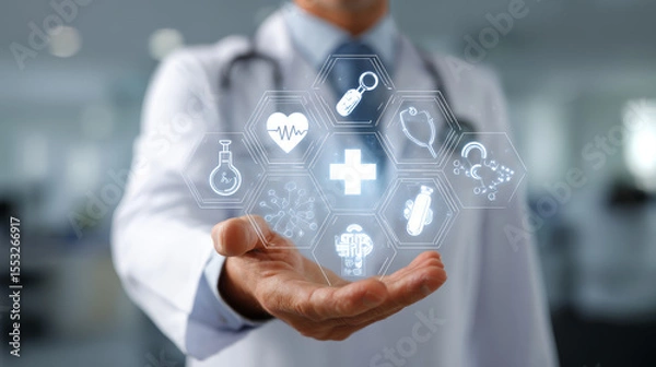 Fototapeta A doctor displays a network of medical symbols representing healthcare innovation.