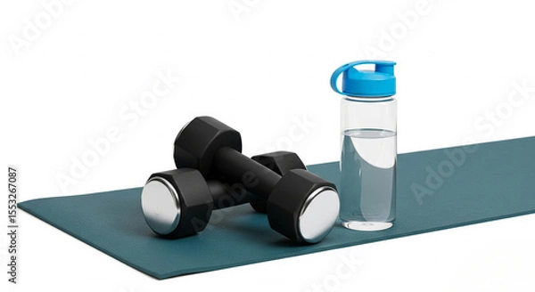 Obraz Exercise mat with dumbbells, and water bottle - fitness, gym concept, isolated on white background