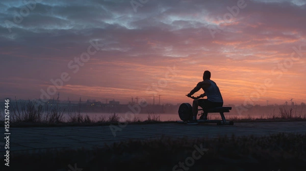 Fototapeta A man rows on a machine as the sun rises, painting the sky with vibrant colors.