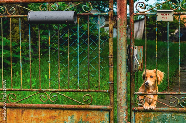 Fototapeta A dog is sitting in front of a gate. The gate is rusted and has a sign on it