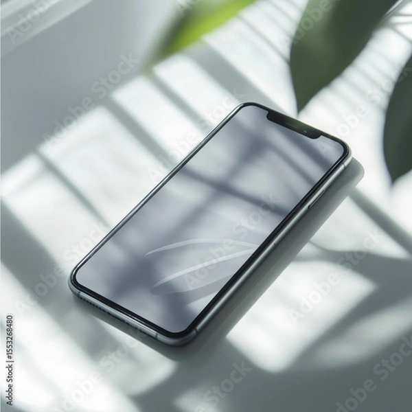 Fototapeta Sleek smartphone on sunlit surface with leaf shadows