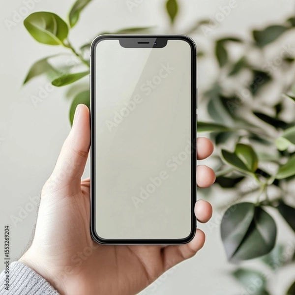 Fototapeta Hand holding smartphone with blank screen in front of green foliage background
