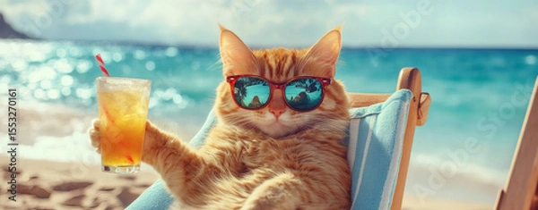 Fototapeta A relaxed cat wearing sunglasses enjoys a tropical drink while lounging on a beach chair by the ocean.
