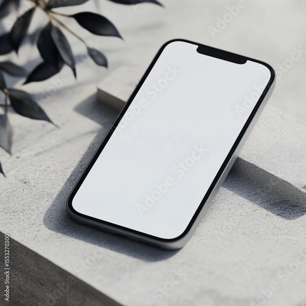 Fototapeta Minimalist smartphone on textured surface with leaves and shadows