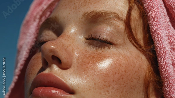 Fototapeta A radiant woman with freckles enjoys the sunlight, eyes closed with a pink towel on her head.