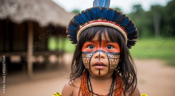 Fototapeta Uma criança de uma tribo indígena olhando para a câmera
