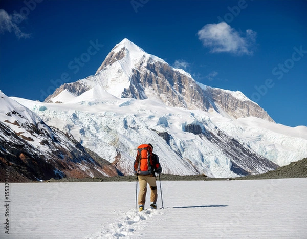 Fototapeta Adventurer Hiking Towards Snowy Mountain Summit Under Clear Blue Skies