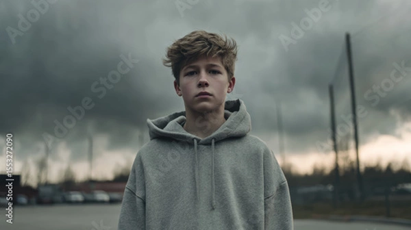 Fototapeta Portrait of a young man with a serious expression under a dramatic sky.
