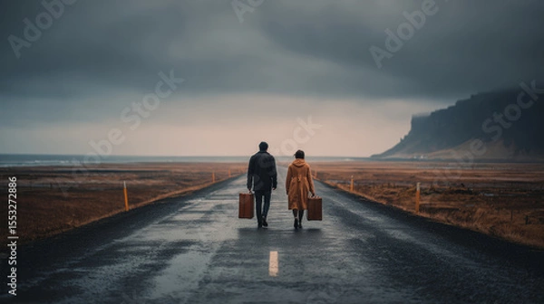 Fototapeta A couple walks away, carrying suitcases down a long, open road, evoking a sense of journey.