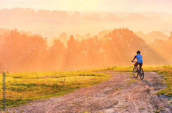 Fototapeta A person is riding a bike on a dirt road. The road is surrounded by trees and the sky is orange