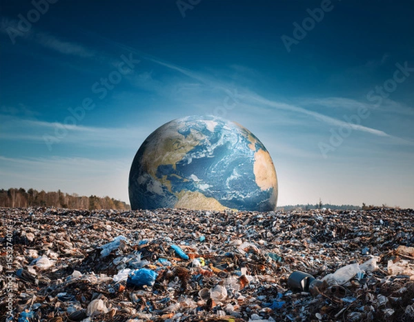 Fototapeta Planet Earth Surrounded by Pollution and Environmental Waste in a Landfill