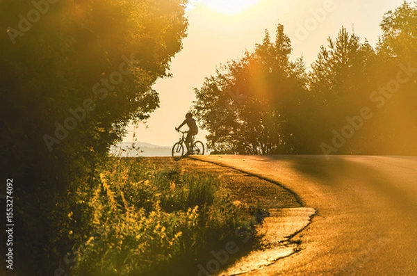 Fototapeta A person is riding a bicycle on a road. The road is surrounded by trees. The sun is shining brightly, creating a beautiful scene