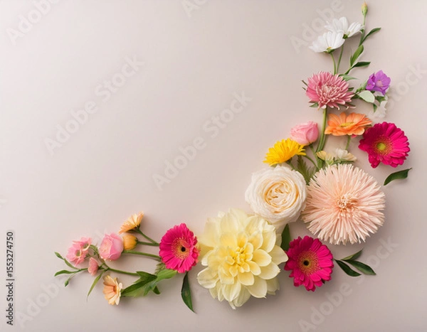 Fototapeta Spring Floral Arrangement on Light Background with Yellow and Pink Flowers