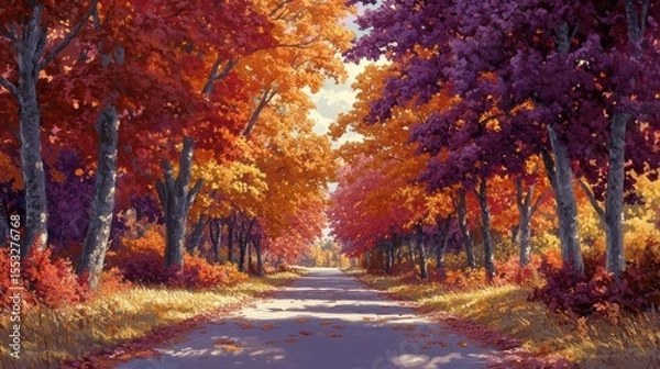 Obraz Warm Colors on Autumnal Road Trees Fall Landscape Roadway Serene Path Natural Light Colorful Trees Leafy Tranquil