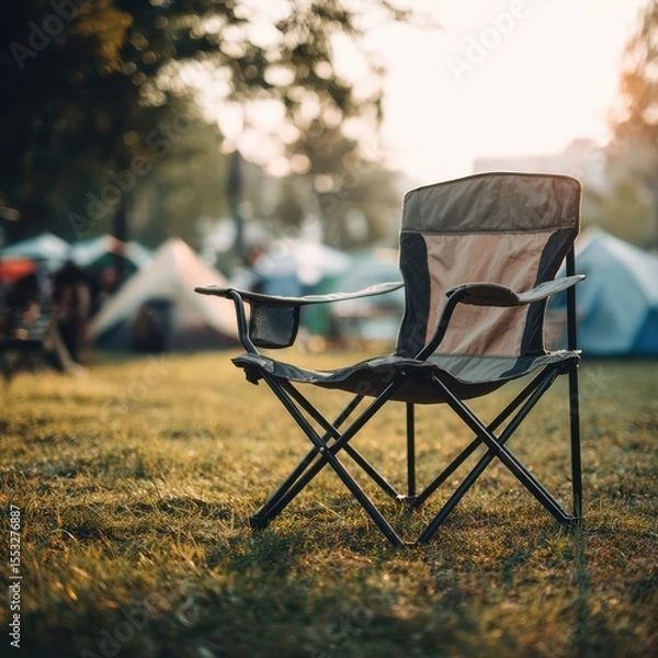 Obraz Comfortable folding camp chair on grassy field amidst scattered tents during scenic golden hour sunlight