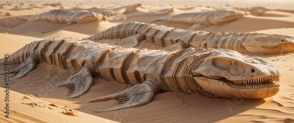 Obraz Giant, reptilian-like creatures rest on the soft sands of an expansive desert. The twilight sky casts enchanting colors, enhancing the surreal atmosphere of the landscape