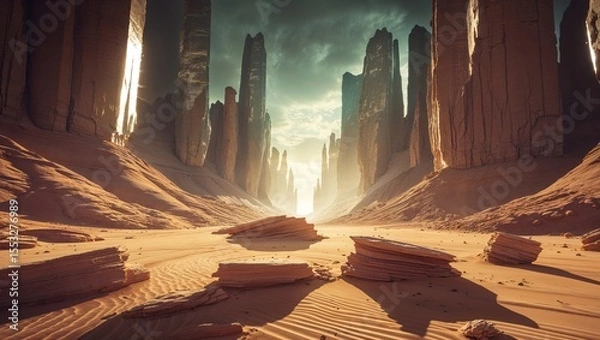 Obraz Vast desert expanse with unique rock formations reaching towards a mystical sky. The horizon glows softly, hinting at an otherworldly atmosphere. Undulating sands create a dreamy, surreal environment