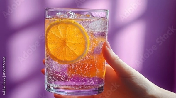 Obraz Refreshing citrus spritzer a captivating shot of a bubbly drink with a vivid orange slice held delicately against a purple scene