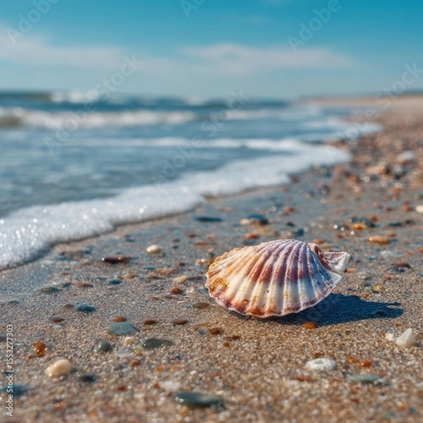 Obraz Seashell on the Sandy Beach by the Sea in Warm Sunny Day Ocean View Shallow Depth of Field Seaside Relaxation Summertime