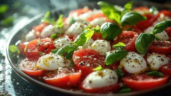 Obraz Classic Caprese Salad Capturing Fresh Ingredients with Vibrant Tomato Cheese and Basil Aromas from Above
