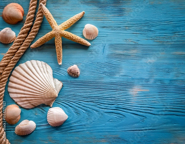 Fototapeta Blank copy space mockup surrounded by seashells  creating a nautical themed mockup