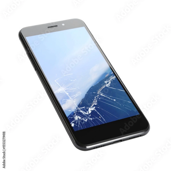 Fototapeta Broken Smartphone Screen: A Modern Gadget's Mishap on a Black Background