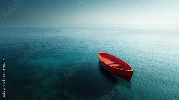 Fototapeta Serene Azure Ocean with Bright Red Rowboat Tranquil Scene of Water Vessel and Vast Openness View