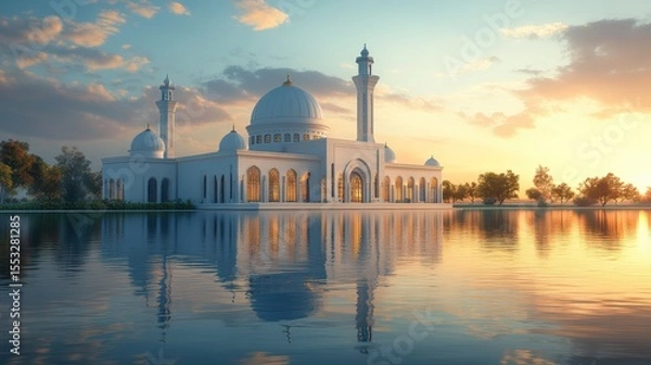Fototapeta Serene islamic architecture reflected in calm water at peaceful sunset sky with soft colors