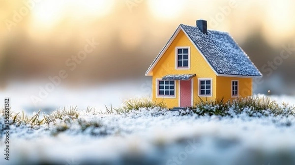 Fototapeta Enchanting Miniature Yellow House Under a Soft Glimmering Sky Immersed in Winter Frost Model Home
