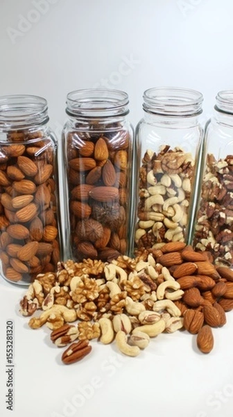 Fototapeta Scattered mixed nuts—almonds, walnuts, cashews, pecans—spilling from glass containers onto pristine white background, highlighting nutritious snacking options